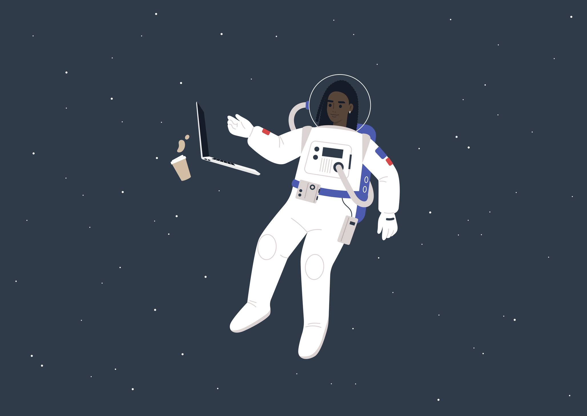 Young female Black astronaut in a spacesuit working on their laptop in outer space, a futuristic life concept