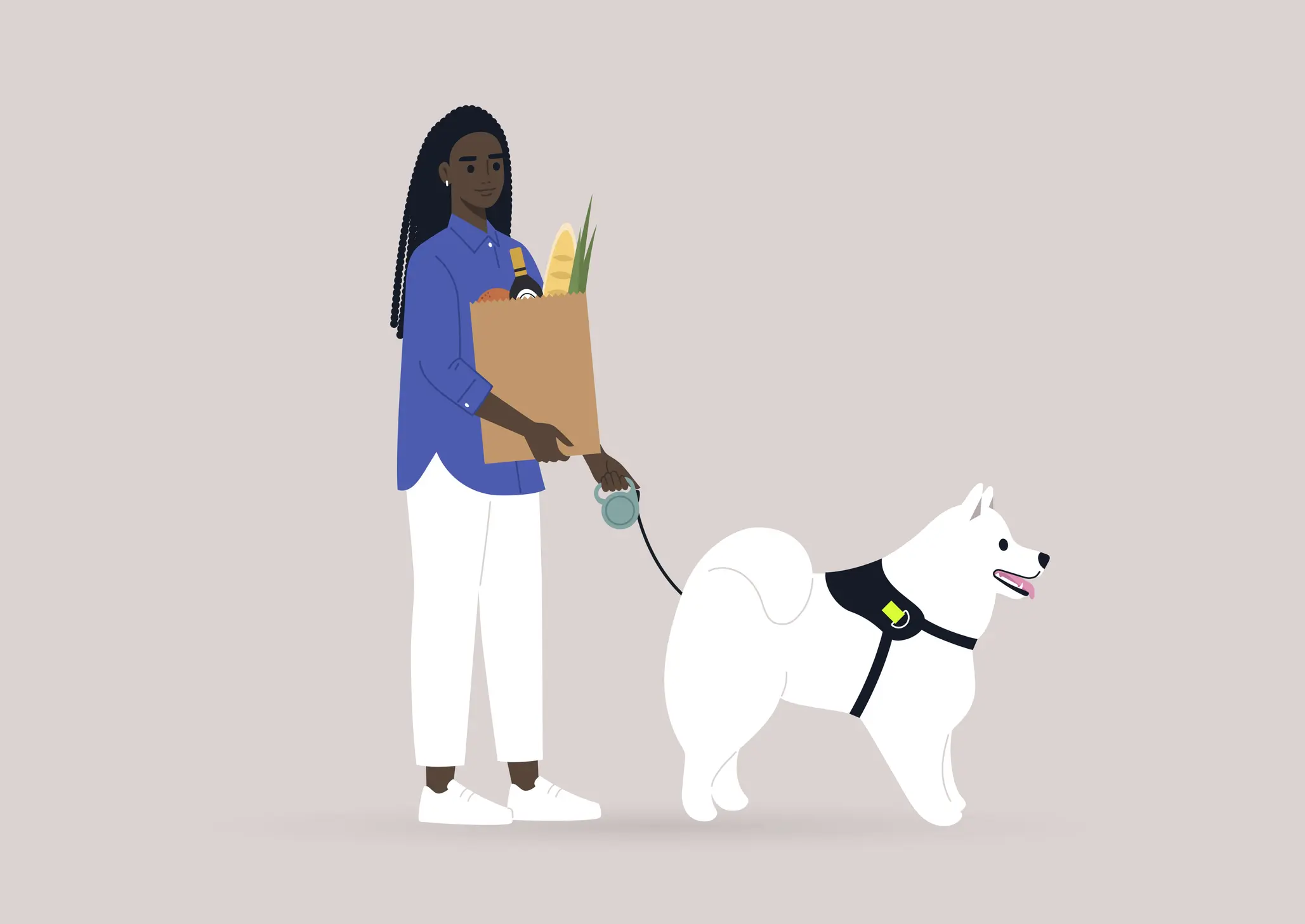 Goal-setting for UX/UI designers 1 a young female african-american character walking a dog with groceries
