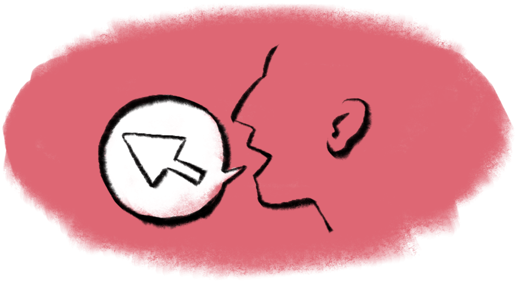 illustration shows character head with voice bubble to illustrate concept of designing for voice