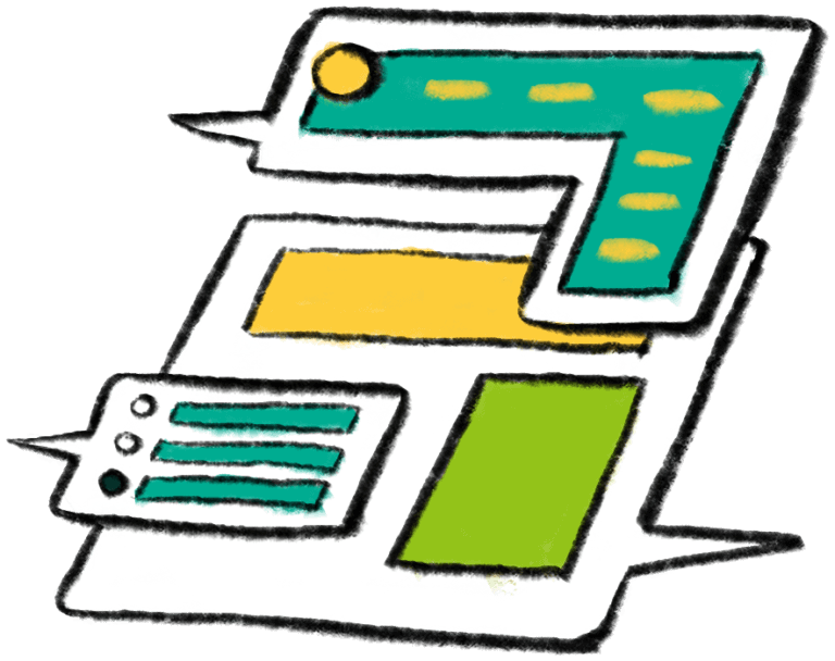 Illustration of speech bubbles shaped like web page elements.