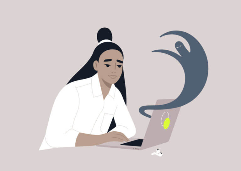 Deceptive UX: Crime Doesn't Pay 15 A young female Asian character. A mean-looking specter is coming from her laptop screen. Security. Dark UX.