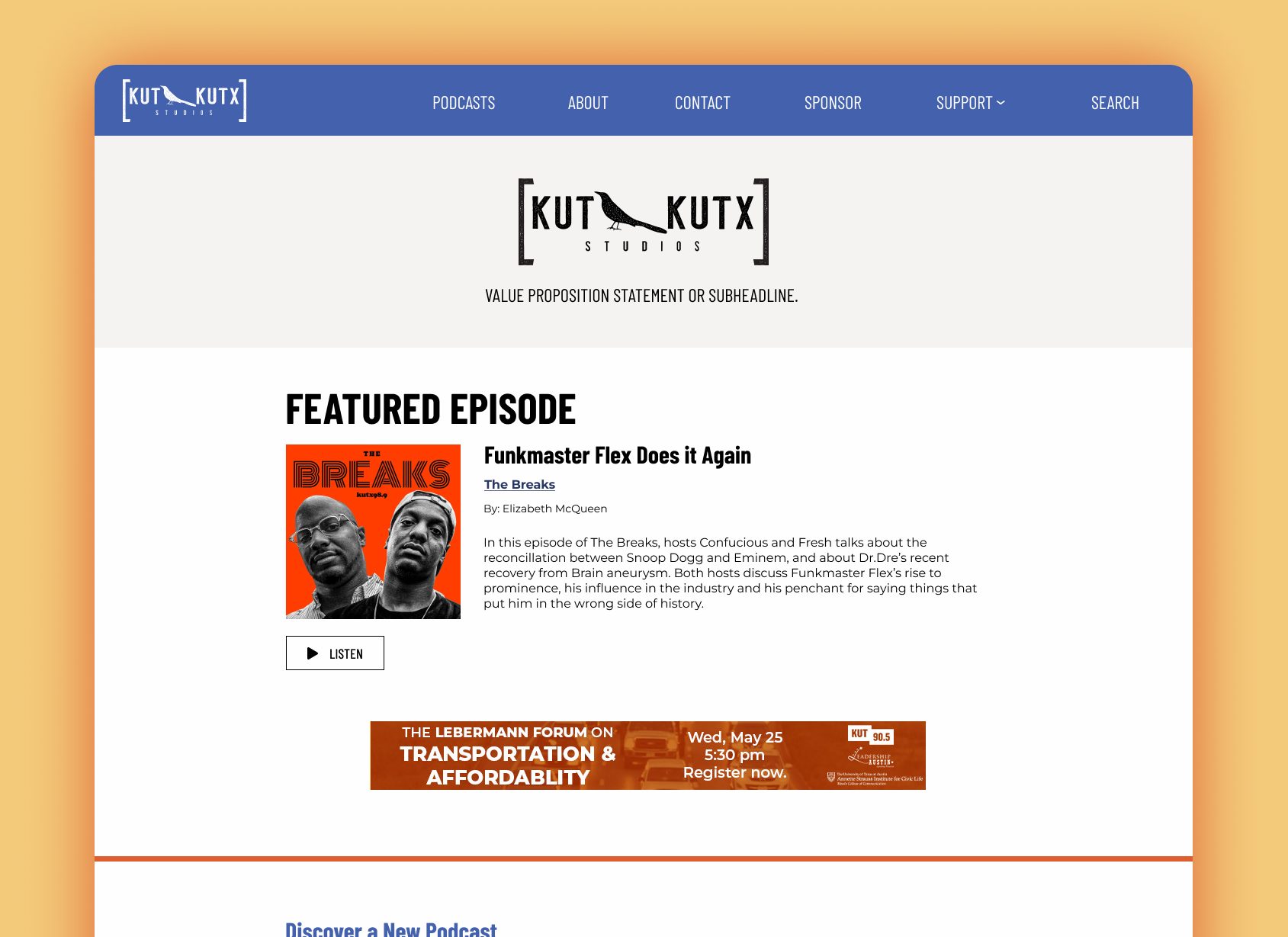 KUT-KUTX home page for podcast website ux design