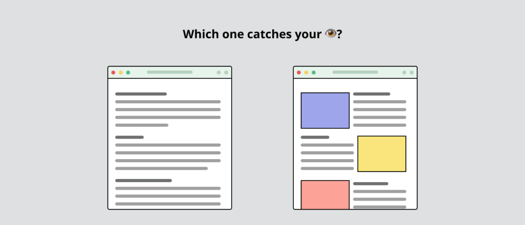 Text reads "which one catches your eye, and shows two simple wireframes, one with colored blocks and one without.