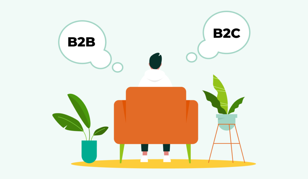 illustration shows person on couch thinking about B2B Saas products versus B2C