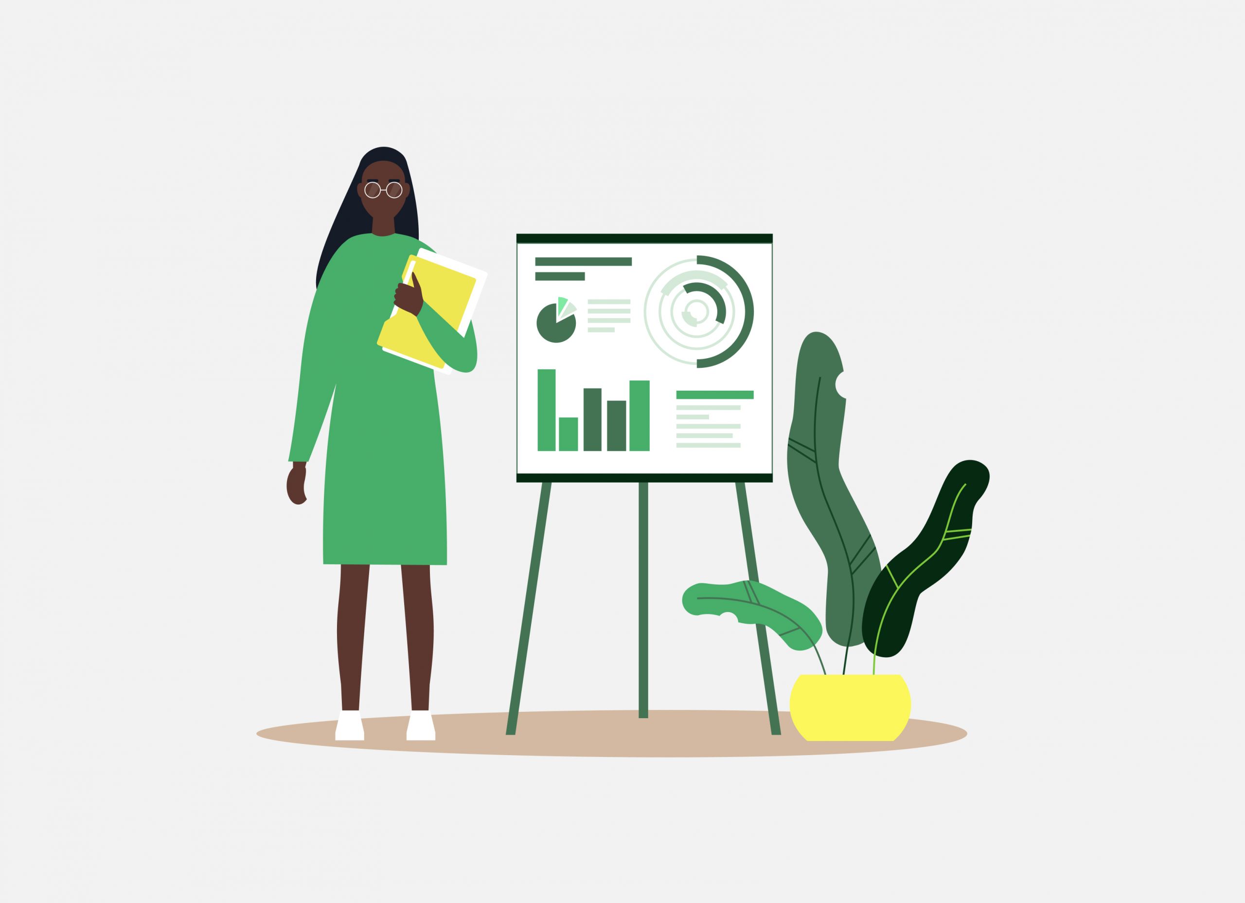 Illustration of a woman presenting data. Presentation. Graphs. Display.