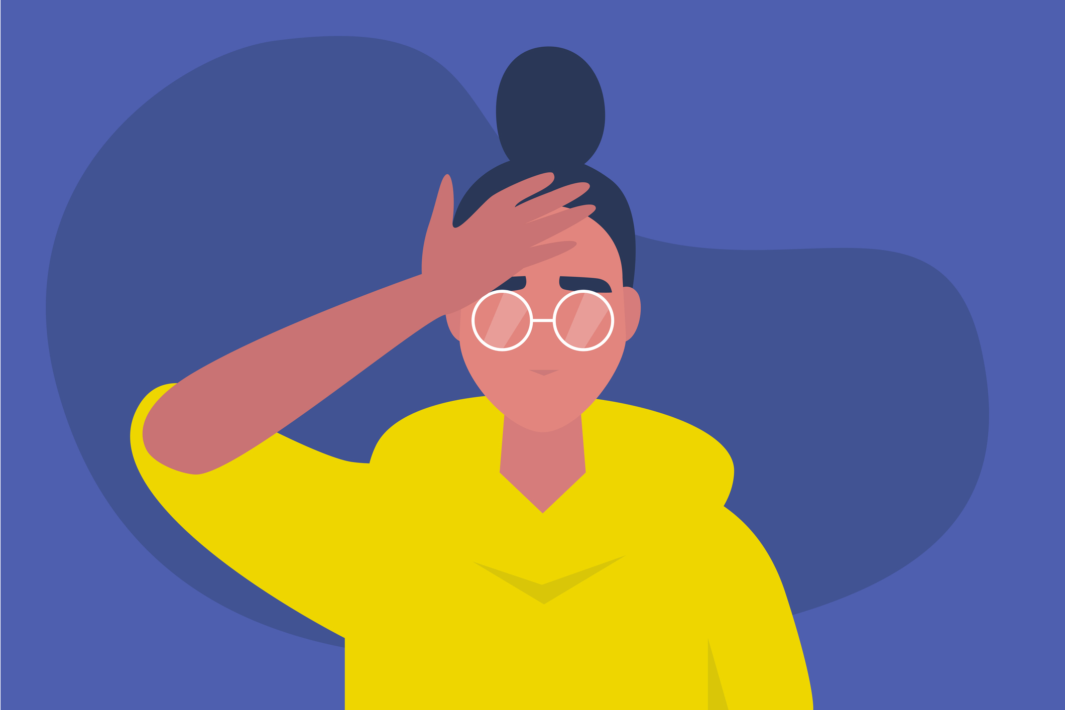 Facepalm gesture. Problem. Trouble. Young female character with a hand palm on a forehead. Conceptual flat editable vector illustration, clip art