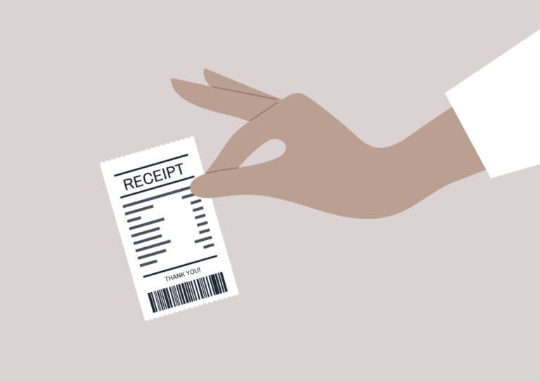 Drive sales by understanding customers 3 Financial concept, spending money, hand holding a paper receipt, a customer at the supermarket, an invoice document