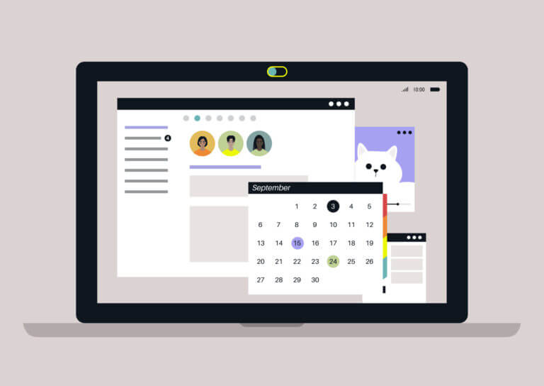 A laptop display with open program email windows, calendar and chat app