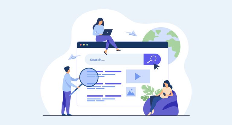 illustration of three people around a search window. Search bar. Query. Laptop. Mobile.