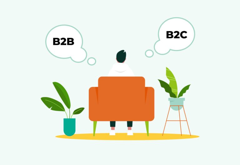 Illustration of a person sitting in a chair. Their back is to the viewer. There are two thought bubbles coming from them. One says "B2B". The other says "B2C".