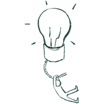 illustration shows character hanging from lightbulb