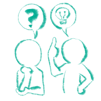 Two figures speaking to each other. The left figure has a speech bubble with a question mark in it. The right figure is pointing it's finger up in a 'Eureka' pose, and has a speech bubble with a lightbulb.
