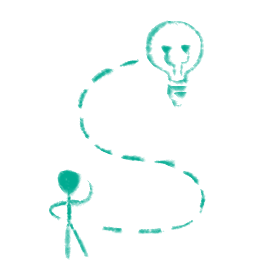 A stick figure and a lightbulb on opposite sides. A dotted line connects them like a path. Solution.