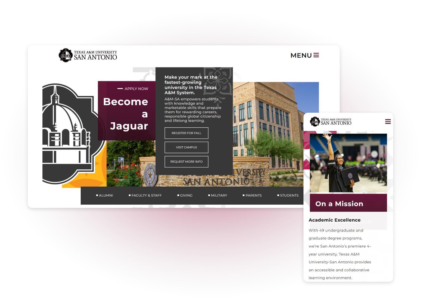 Screenshots of the TAMUSA website on desktop and mobile.