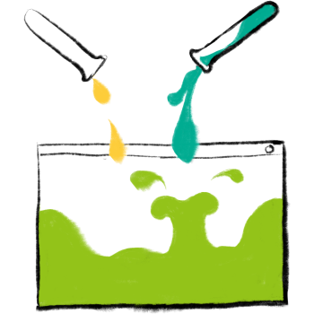 AI UX services: Design & development 6 illustrations shows colored beakers emptying into fram