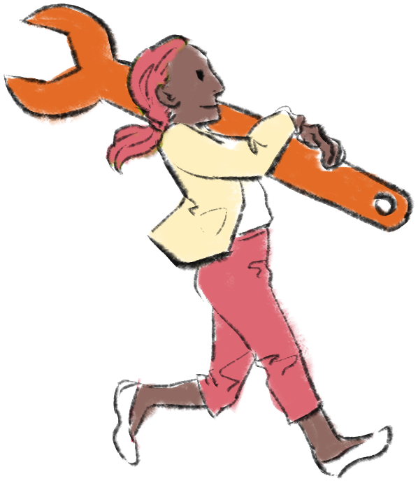 illustration shows character carrying oversized wrench