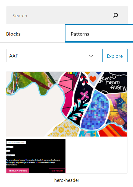 A view of the back end block editor, showing the homepage hero as an example of a pattern.