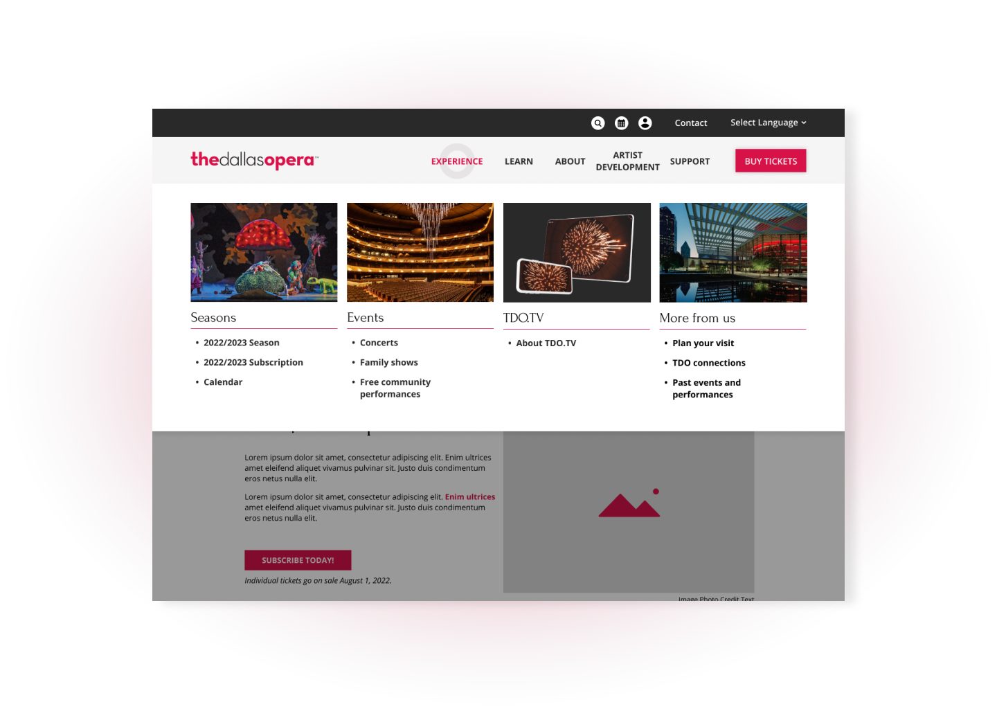 TDO mega menu rendering showing arts website navigation redesign