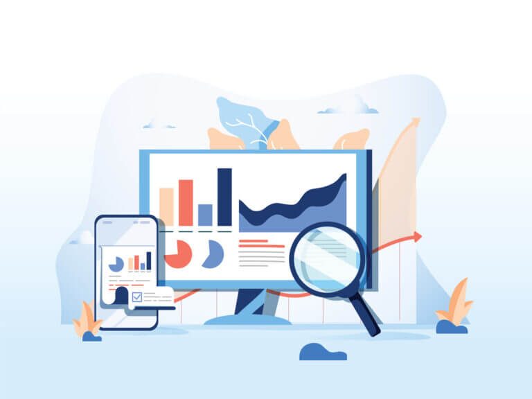 Reporting, data monitoring, web traffic analytics, Big data flat vector illustration on blue background. Modern flat design illustration of Seo optimization website and mobile website or Landing