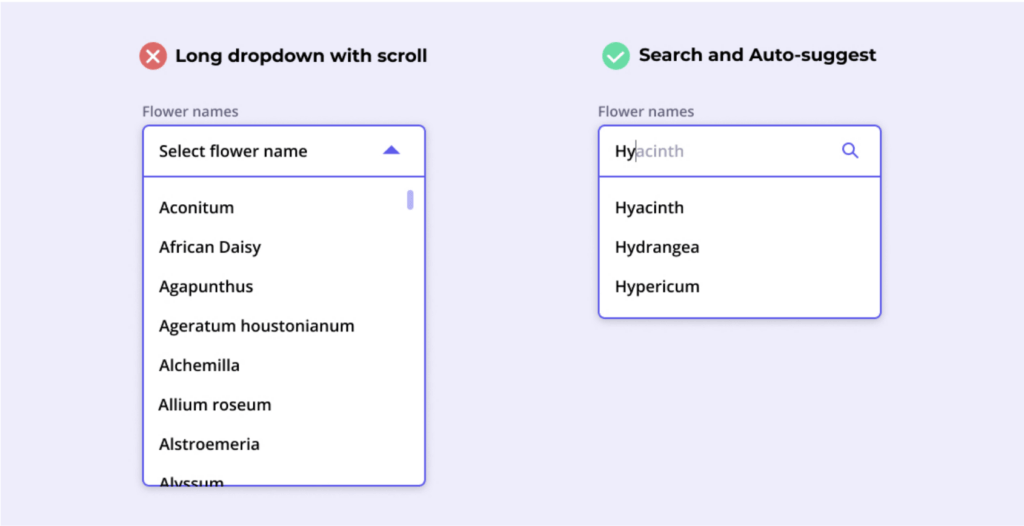 long dropdown versus search and auto-suggest