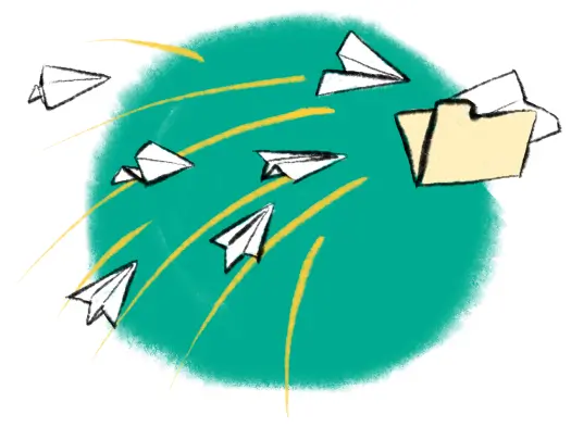 illustration shows paper airplanes flying at folder