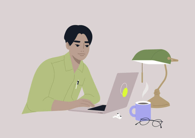 9 tips to increase remote design team engagement 2 A young male Asian character working in a library, a green glass vintage lamp sitting on a desk