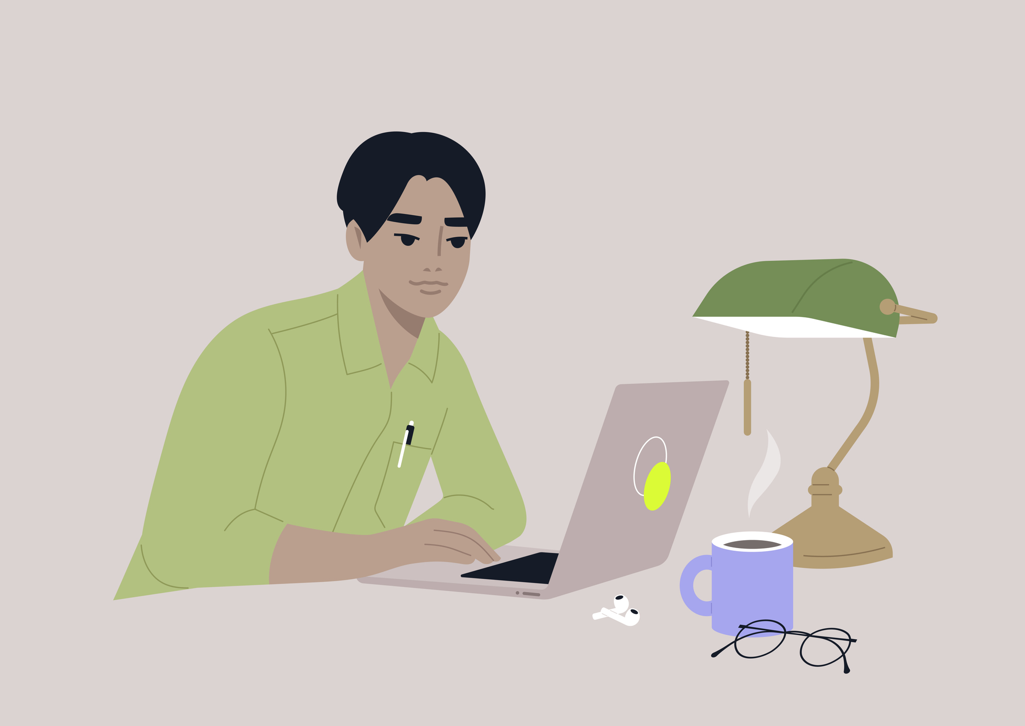 A young male Asian character working in a library, a green glass vintage lamp sitting on a desk