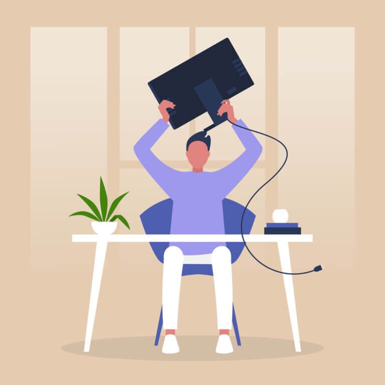 Mental breakdown, anger and despair, young male character throwing a monitor, office life,
