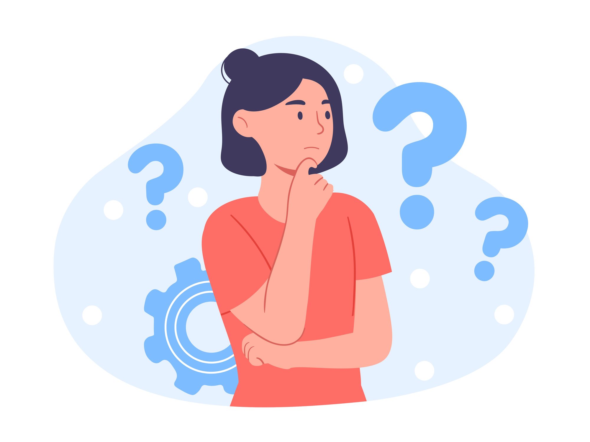 Illustration shows young girl in casual clothes surrounded by a question mark. Image is conceptual on how to evaluate and hire a UX agency.