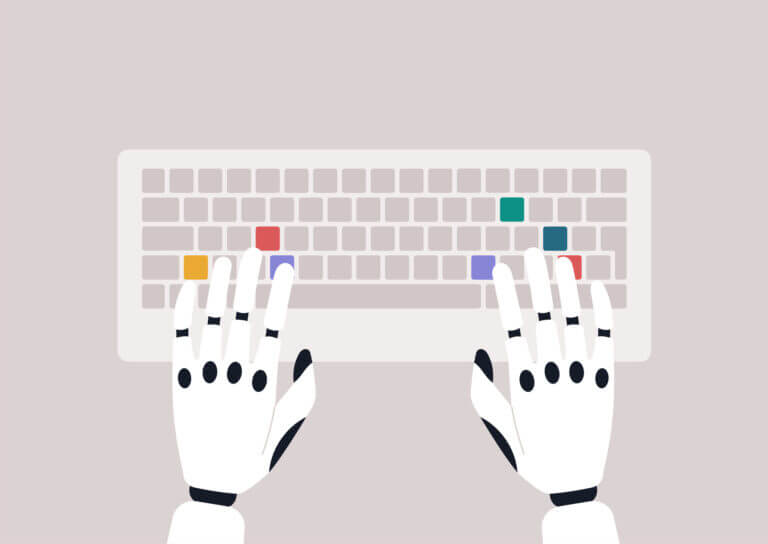 How to use AI in UX design 12 A top view of robotic hands typing on a keyboard, machine learning concept, futuristic technologies