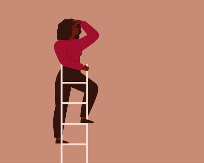 Product leadership concept showing a woman looking into the future at the top of ladder.
