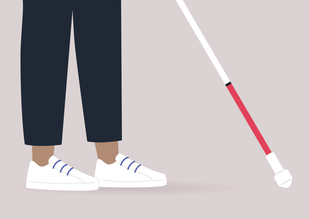 A close up of the character's shoes and a white cane, a visually impaired person walking outdoor