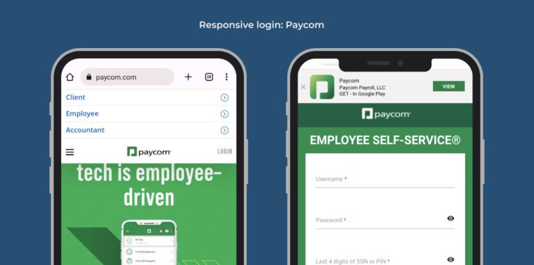 two screens showing Paycom mobile menu