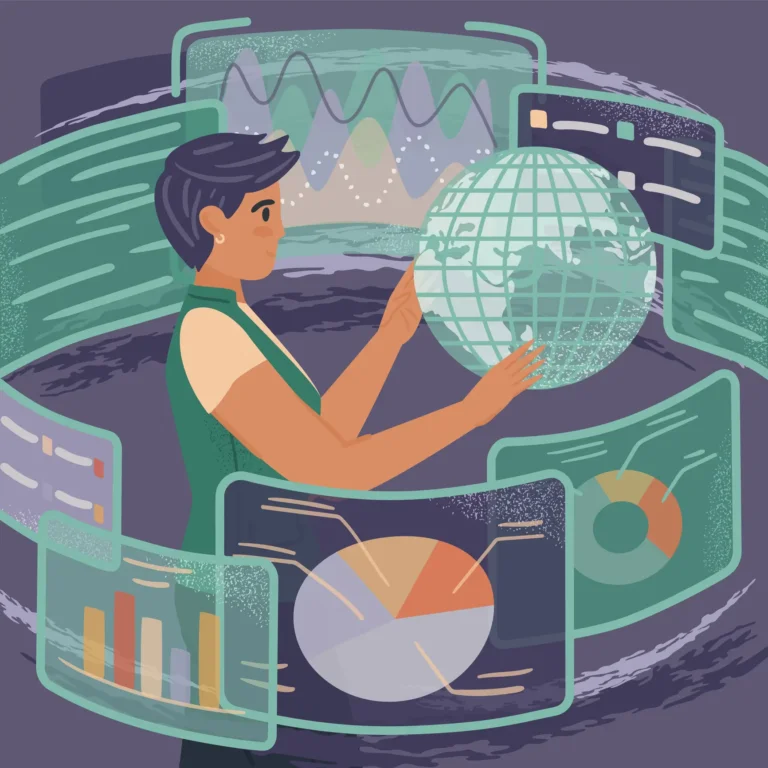 illustration shows female character with data screens swirling around her to illustrate AI bias concept