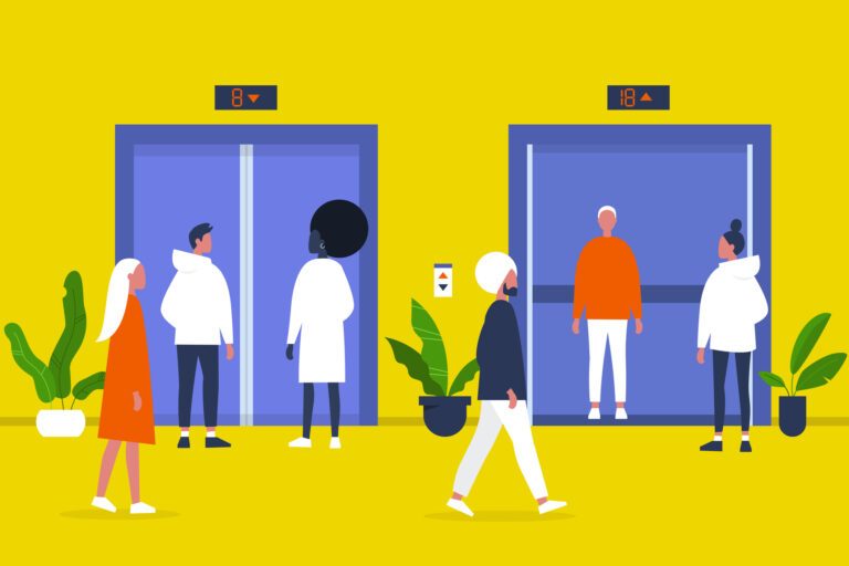 Designing interactive elements in virtual spaces 7 People. Elevator. Business center hall. Office. Walking and standing characters. Weekday life. Flat editable vector illustration, clip art