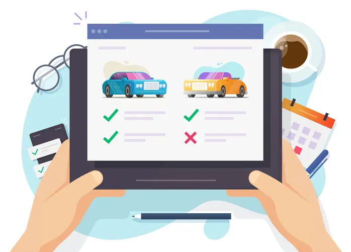 Vehicle auto rental comparing and choosing features online shop website or auto and car web digital auction with automobiles review and history details, concept of buying or selling internet store