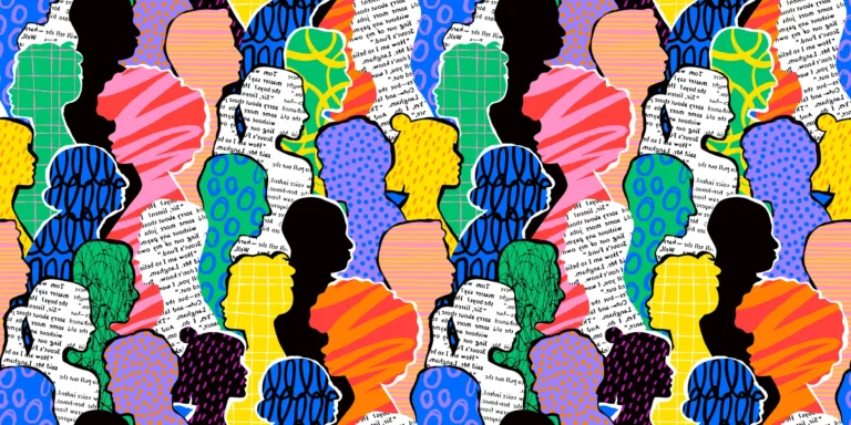 Colorful diverse people crowd abstract art seamless pattern.