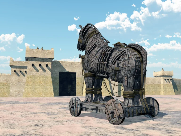 Computer generated 3D illustration with the Trojan Horse at Troy to show strategy for a new product