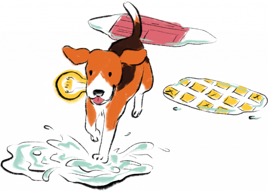 illustration shows dog running through puddles carrying lightbulb for UX design articles page