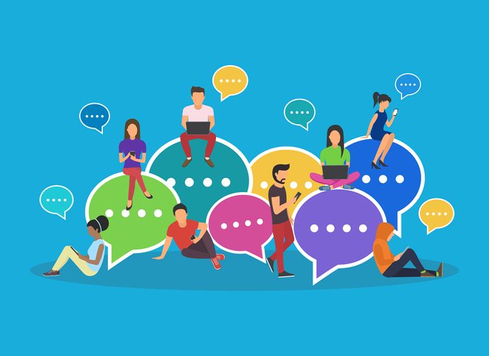 7 ways to transform your marketing with an AI-driven social media strategy for SaaS 5 Speech bubbles for comment and reply concept flat vector illustration of young people using mobile smartphone and tablets for texting and communicating on networks. Guys and women sitting on bubbles