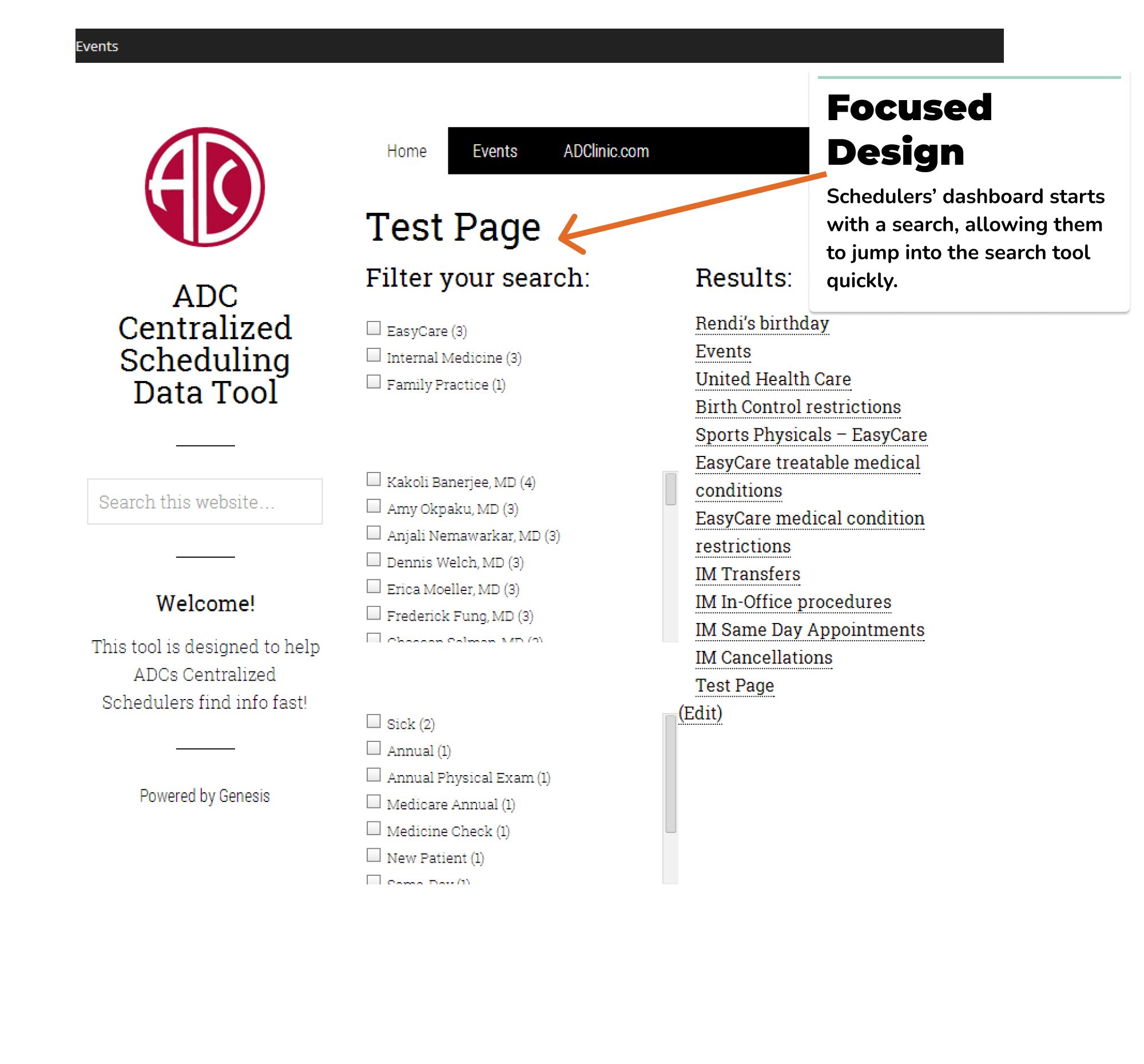 Healthcare scheduling tool design: Enhancing efficiency with digital rule management 7 image of dashboard with explainer box about focused design