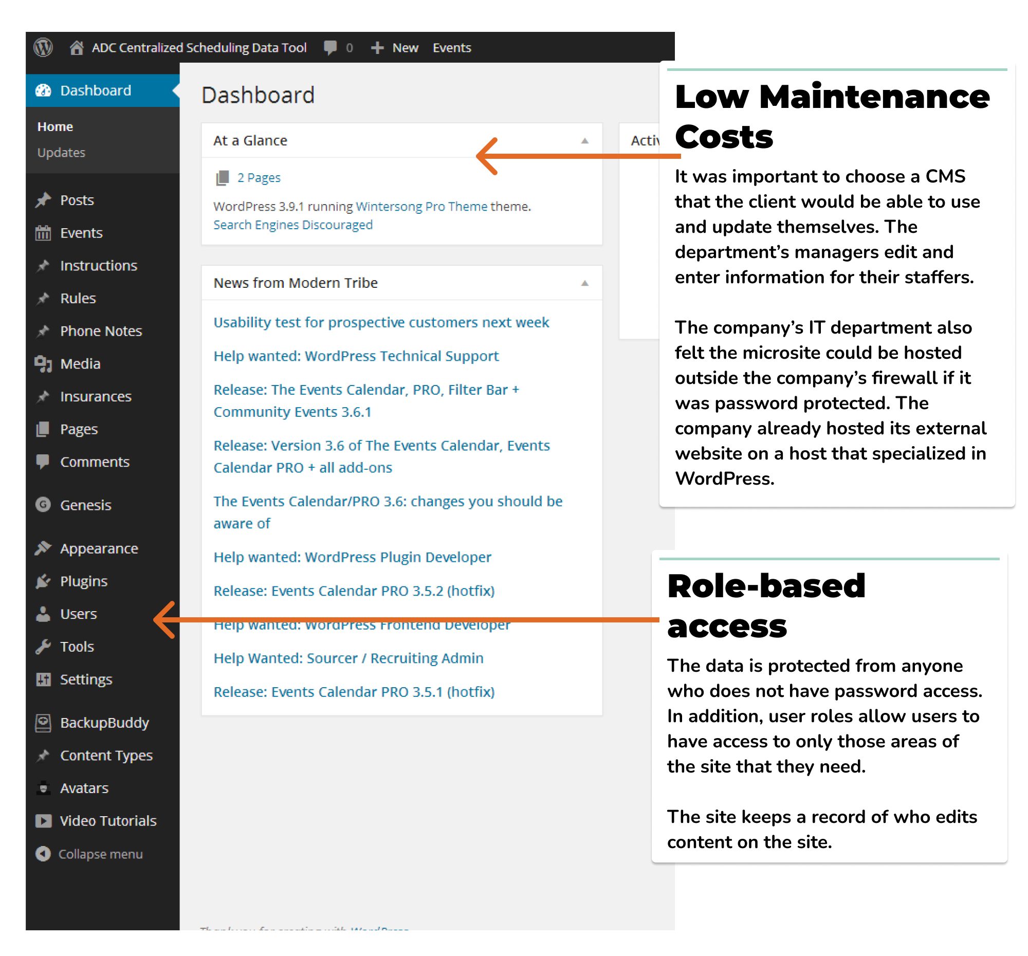 Healthcare scheduling tool design: Enhancing efficiency with digital rule management 8 images shows wordpress dashboard with explainer about maintenance and role-based access