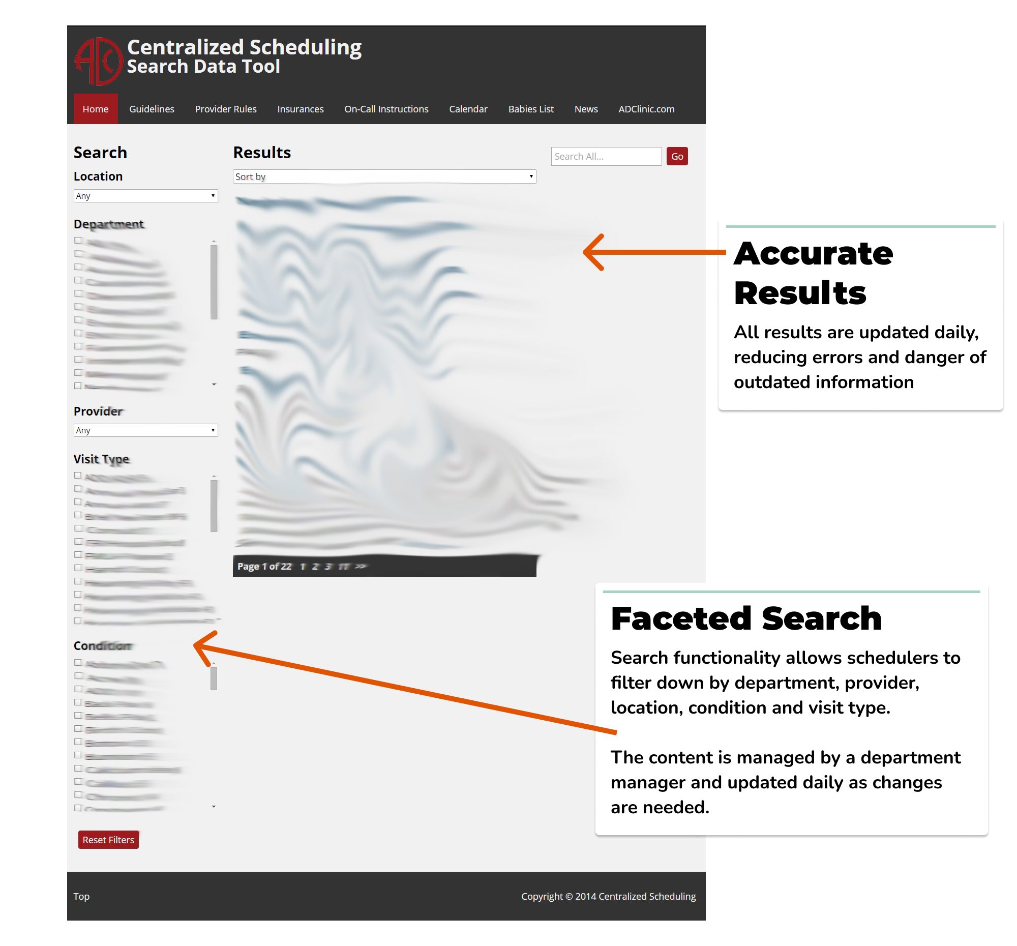 Healthcare scheduling tool design: Enhancing efficiency with digital rule management 6 image shows two explainer boxes about how both faceted search and results work