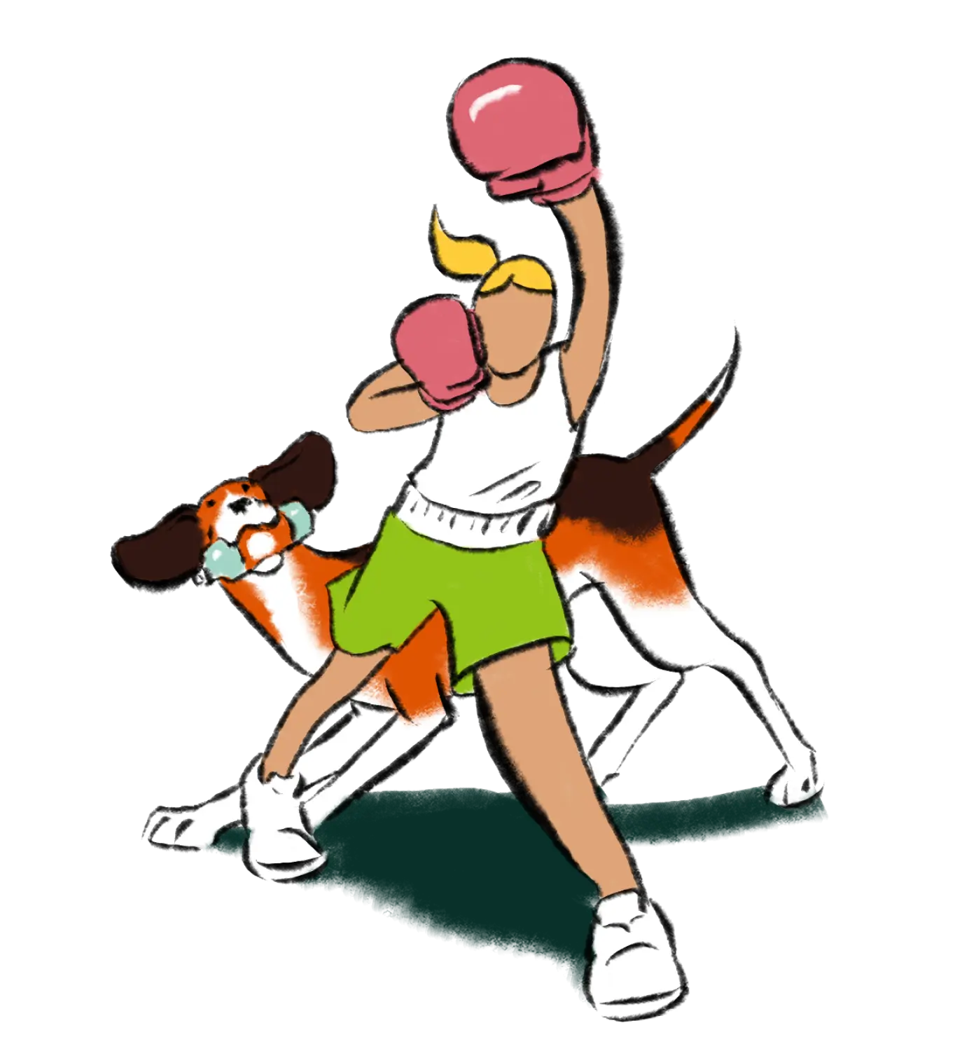illustration on female boxer with standard beagle holding water bottle