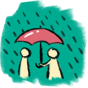 illustration shows two characters holding umbrella on teal background with rain