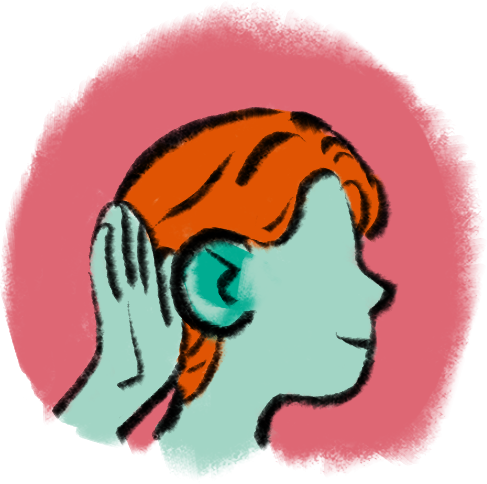 illustration shows turned head with hand to ear