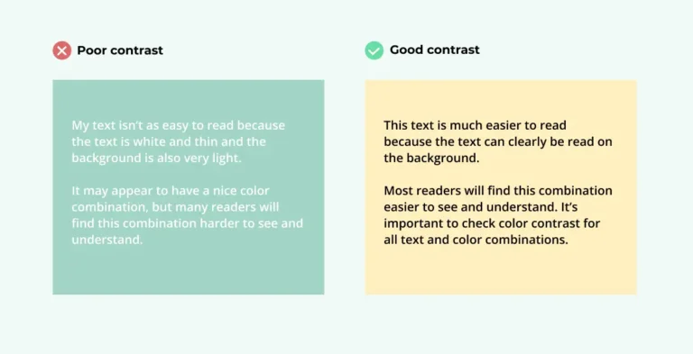 image shows example of white text on light teal background on the left contrasted against black text on light yellow background on the right.