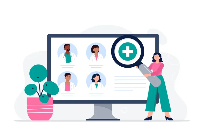 A woman is looking for a doctor for an online consultation after a healthcare website redesign
