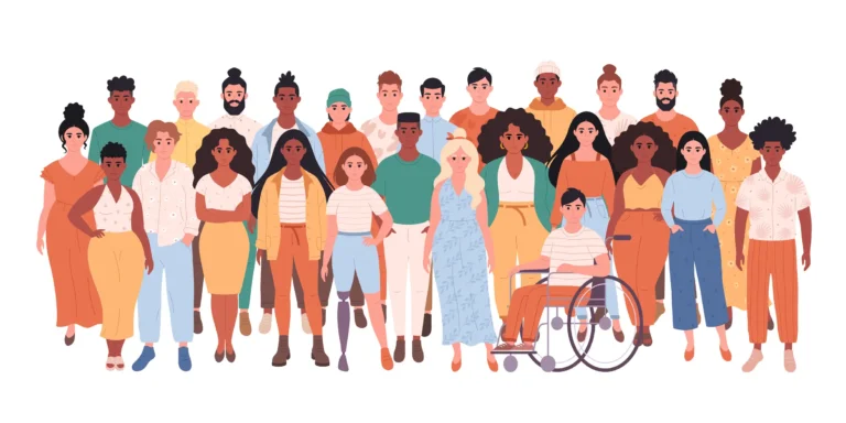 Crowd of different people of different races, body types, person with disability who make need healthcare website improvements