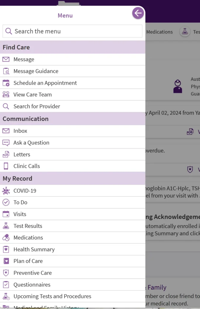 image shows expanded menu on MyChart